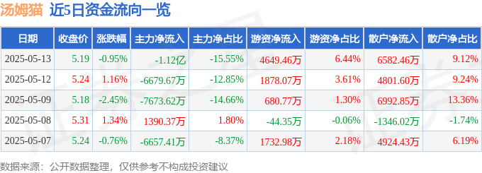股票行情快报：汤姆猫（300459）5月13日主力资金净卖出1.12亿元